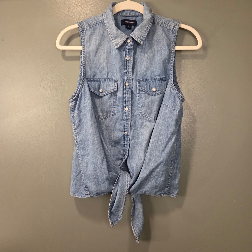 J.Crew Jeans‎ Women's S 100% Cotton Denim Tie Front Sleeveless Snap Button Shirt